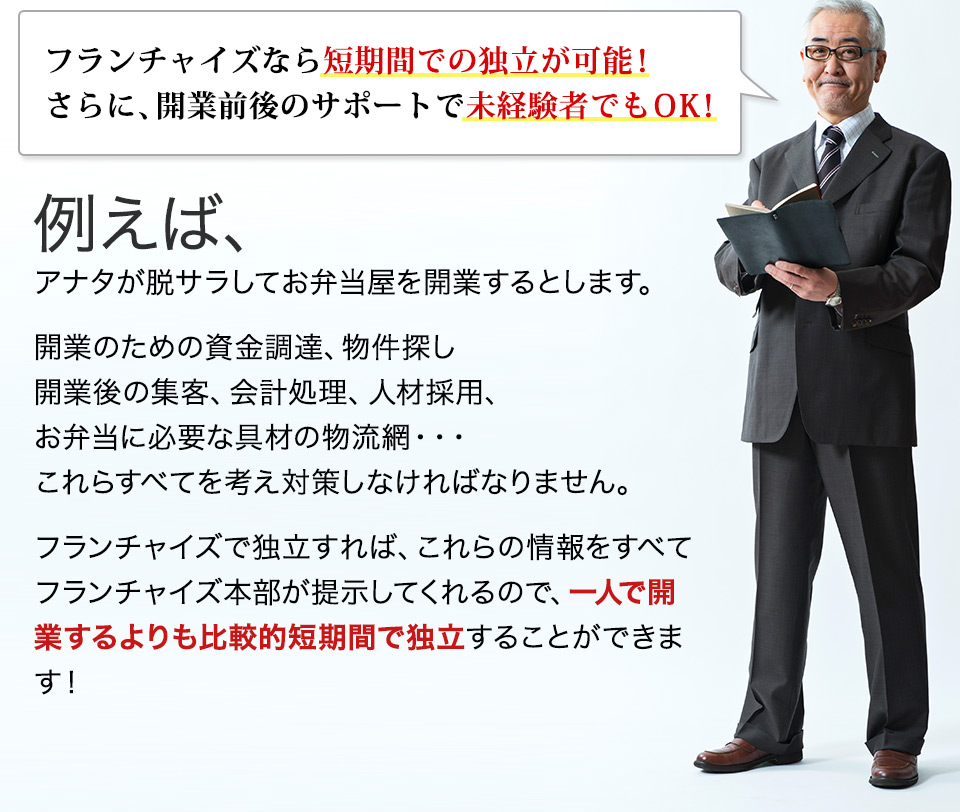 フランチャイズなら短期間での独立が可能！さらに、開業前後のサポートで未経験者でもOK！